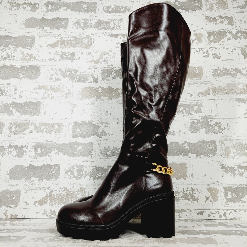 NEW Torgeis Women's Athena Brown Block Chunky Heel Tall Boots E696